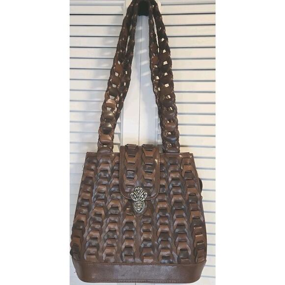 Braided Quality Leather Shoulder Bag Cognac Brown Retro Brushed Silver Closure - Picture 2 of 12